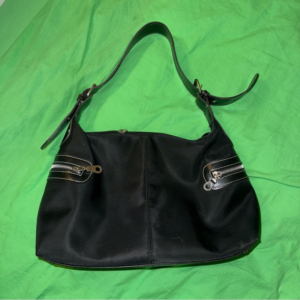 Y2K black nylon and silver zipper hardware buckle shoulder bag purse handbag